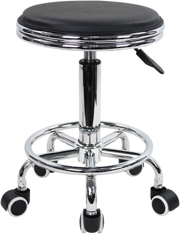 Industrial Rolling Swivel Stool with Foot Rest, PU Leather & Metal, Height Adjustable