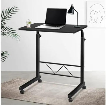 Mobile Laptop Desk Adjustable Wooden Table Top Trolley, Metal Frame, Black