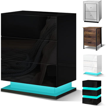 LED Bedside Table High Gloss Nightstand Cabinet with 3 Drawers, Black