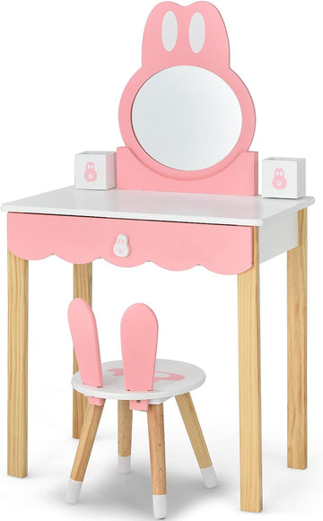 2 in 1 Kids Bunny Theme Vanity Set with Mirror & Stool, Detachable Top, Large Drawer, 2 Storage Boxes