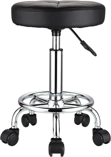 Round Swivel Stool with Rolling Wheels, Black PU Leather, Height Adjustable