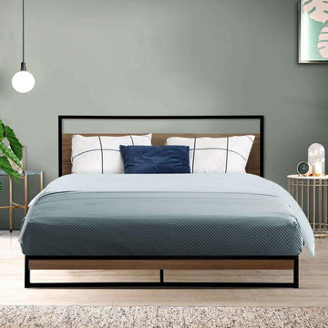 Industrial Metal Timber Combo Queen Bed Frame Base with Headboard, Black & Dark Wood