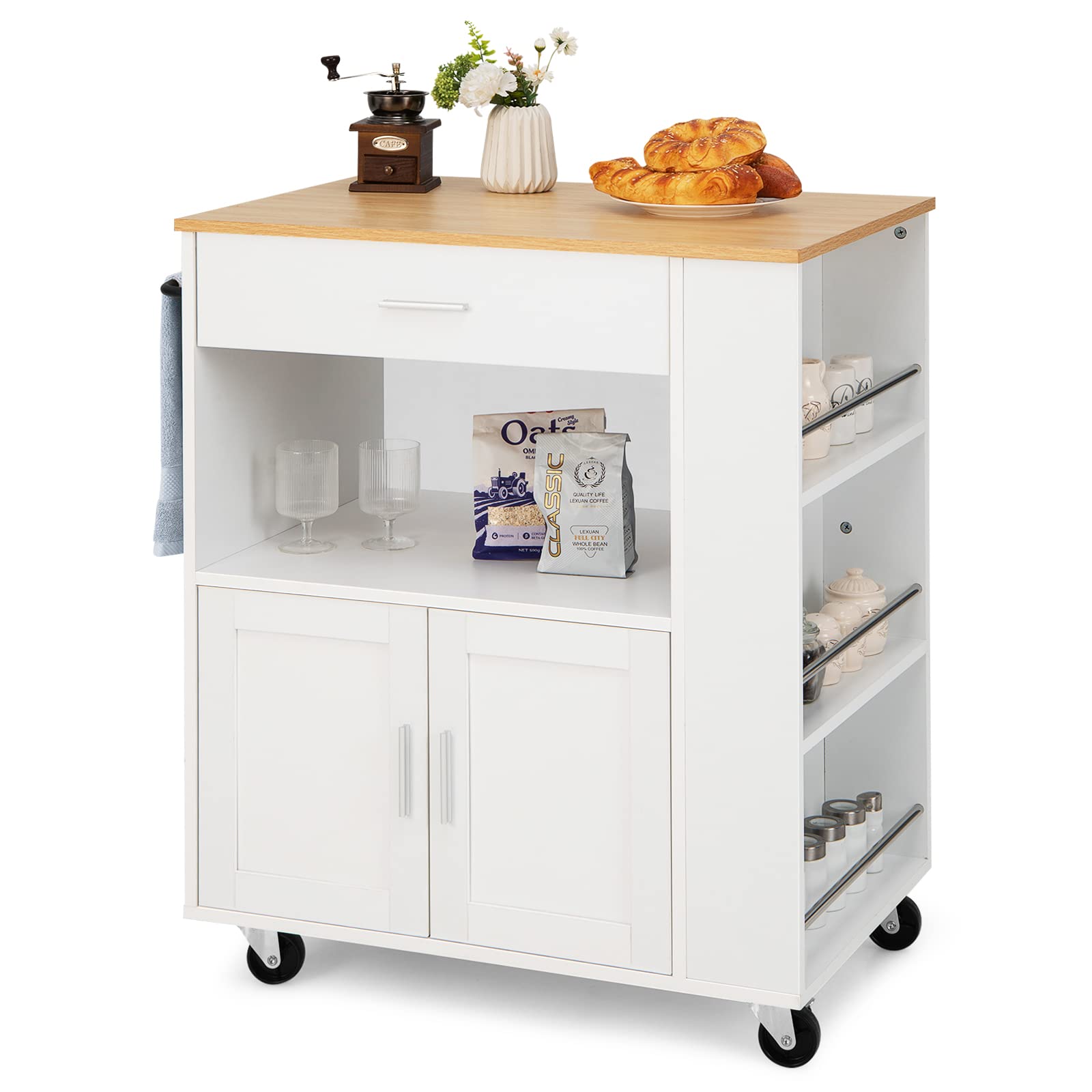 Rolling Kitchen Island Serving Trolley with 3 Spice Racks, Drawer, Open Shelf, Large Cabinet