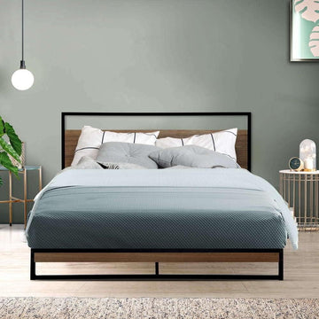 Industrial Metal Timber Combo Double Bed Frame Base with Headboard, Black & Dark Wood