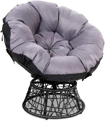 Swivel Papasan Chair Indoor Outdoor Furniture Lounge with Grey UV Resistant Fabric