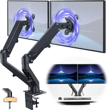 Adjustable Gas Spring Swivel Dual Arm Monitor Mount VESA Stand for 13-32" Displays, 2-Grommet Mounting Base