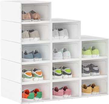 15 Pack Stackable Shoe Storage Boxes, White Plastic Containers with Clear Door