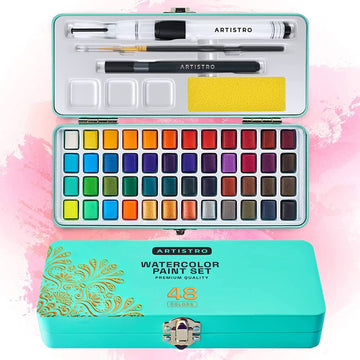 Watercolour Paint Set, 48 Vivid Colours in Portable Box, Including Metallic & Fluorescent