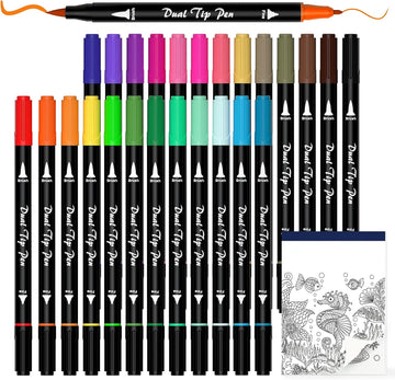 Dual Tip Brush Pens Art Markers, Colours Fine and Brush Dual Tip Markers Set with 1 Colouring Book