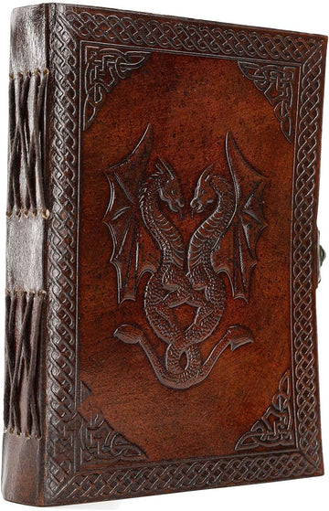 Leather Double Dragon Journal / Bound Writing Notebook Diary, Unlined Paper, 8 X 6