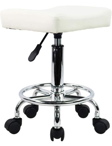 Square Roller Swivel Stool with Foot Rest - PU Leather, Height Adjustable, White