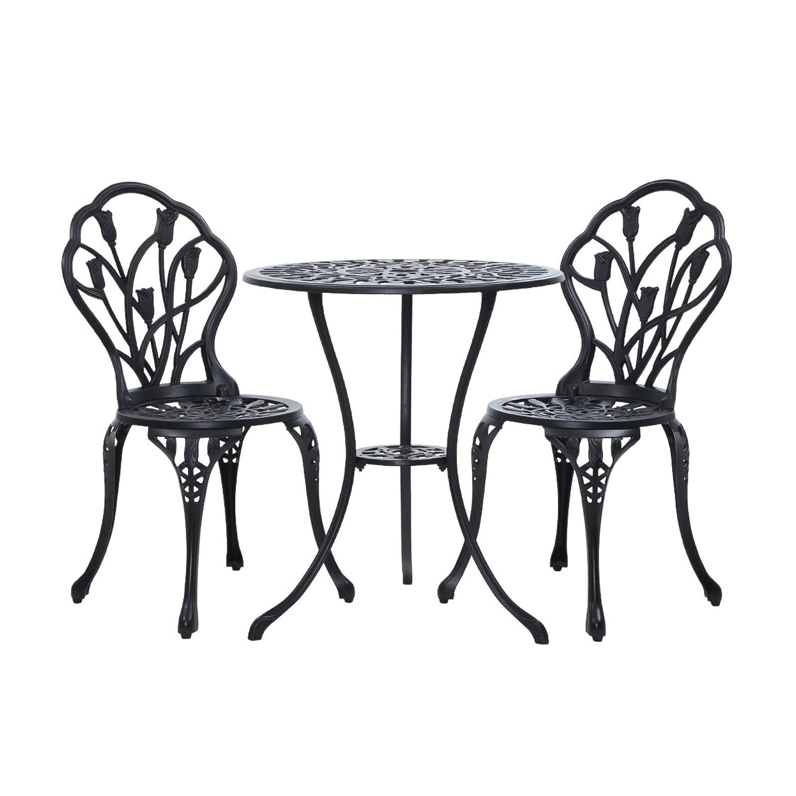 Outdoor Garden 3 Piece Setting, Black, Cast Aluminium Bistro Style Table & Chairs